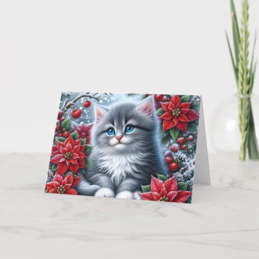 Cute Kitten and Poinsettia Feiertagskarte (Vorderseite)