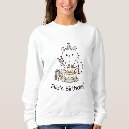 Cute Kitten Birthday Cake Party Hat Illustration Sweatshirt (Vorderseite)