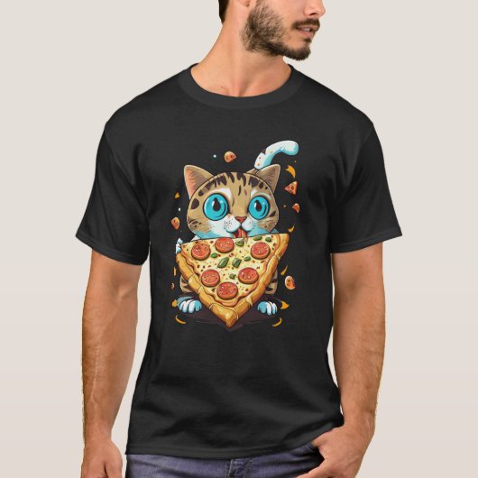 Cute Kitten Cat Eating Pizza T-Shirt (Vorderseite)