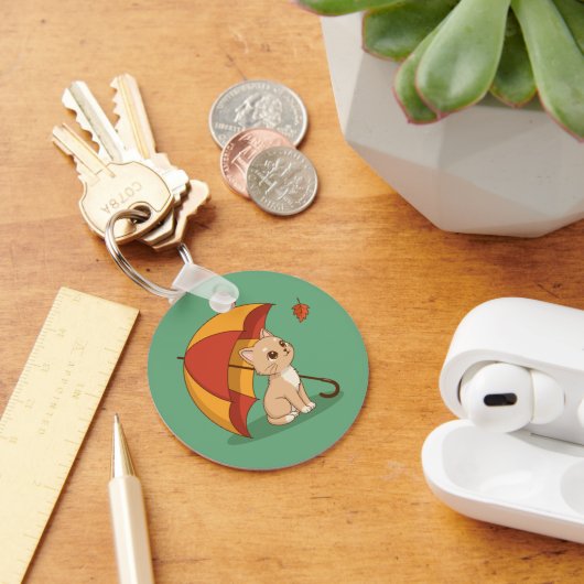 Cute Kitten Cat Red Yellow Umbrella Fall Green Schlüsselanhänger (Schreibtisch)