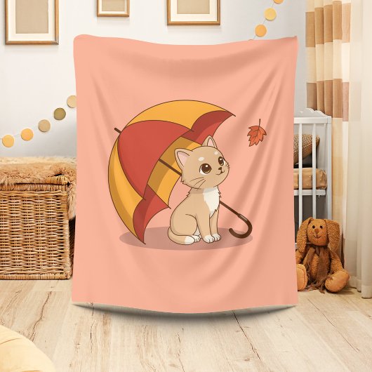 Cute Kitten Cat Red Yellow Umbrella Fall Pink Fleecedecke