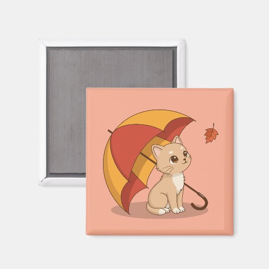 Cute Kitten Cat Red Yellow Umbrella Fall Pink Magnet (Vorderseite/Rückseite)