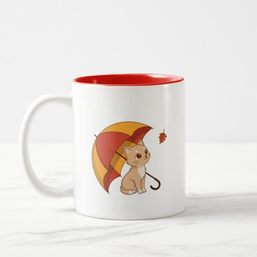 Cute Kitten Cat Red Yellow Umbrella Fall Zweifarbige Tasse (Links)