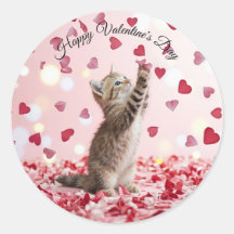Cute Kitten Catching Valentine Heart Petals