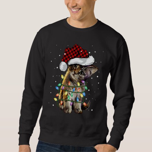 Cute Kitten Christmas Light Santa Hat Plaid Cat Sweatshirt (Vorderseite)
