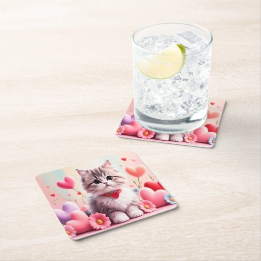 Cute kitten hearts flowers rechteckiger pappuntersetzer (Vor Ort)
