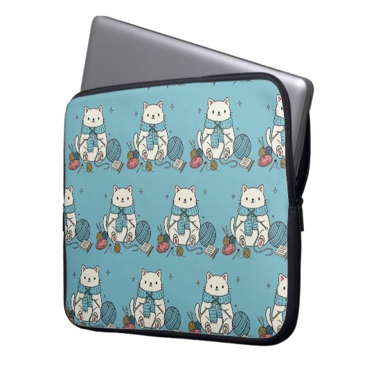 Cute Kitten Knitting Blue Pattern Tech Accessory Laptopschutzhülle (Vorderseite Links)