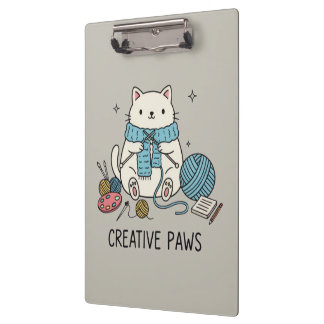 Cute Kitten Knitting Hobbyist Gray Stationery Art Klemmbrett