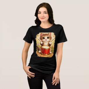 Cute Kitten Playing Red Drum Watercolor T-Shirt Tri-Blend Shirt