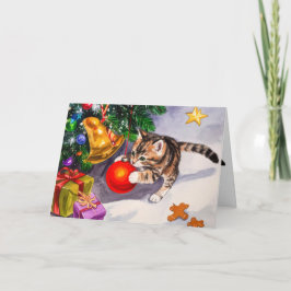 Cute Kitten Swinging On Christmas Tree Ornaments Feiertagskarte