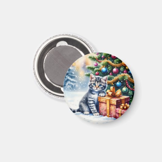 Cute Kitten Under Christmas Tree Magnet (Vorderseite/Rückseite)