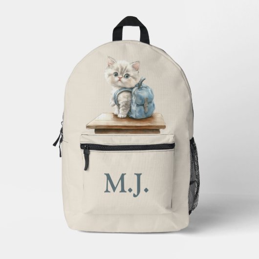 Cute Kitten with Backpack Custom Monogram Backpack Bedruckter Rucksack (Vorderseite)