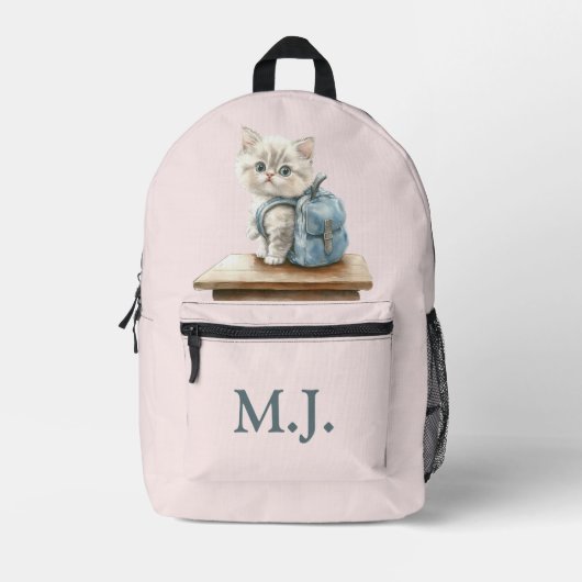 Cute Kitten with Backpack Custom Monogram Backpack Bedruckter Rucksack (Vorderseite)