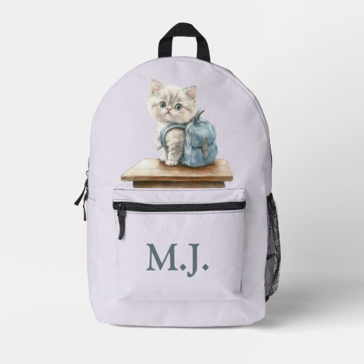 Cute Kitten with Backpack Custom Monogram Backpack Bedruckter Rucksack (Vorderseite)
