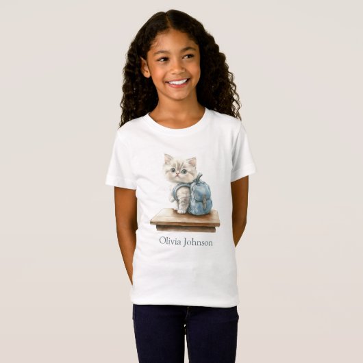 Cute Kitten with Backpack Personalized Kid T-Shirt (Vorne ganz)