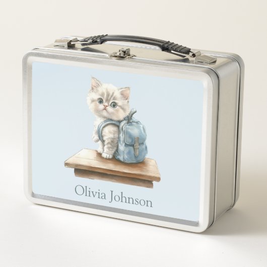 Cute Kitten with Backpack Personalized Metall Brotdose (Vorderseite)