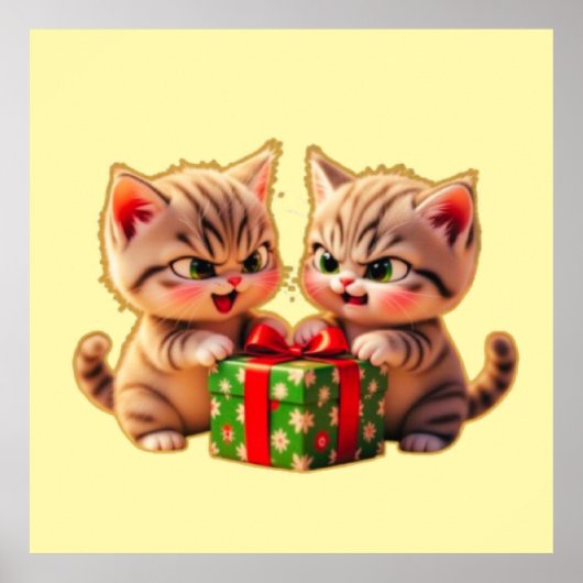 **Cute Kittens Fighting Over a Gift – Funny Christ Poster (Vorne)