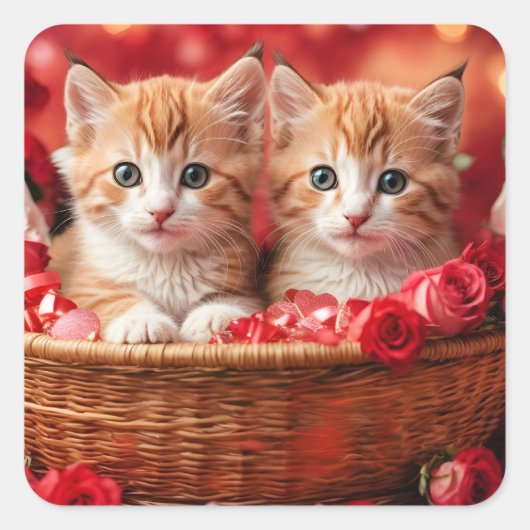 Cute Kittens in a Straw Basket Quadratischer Aufkleber (Vorderseite)