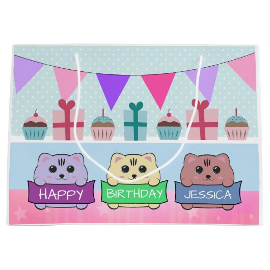 Cute Kittens Personalised Happy Birthday Große Geschenktüte (Vorderseite)