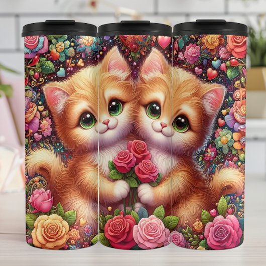 Cute Kittens Rose Bouquet Thermosbecher
