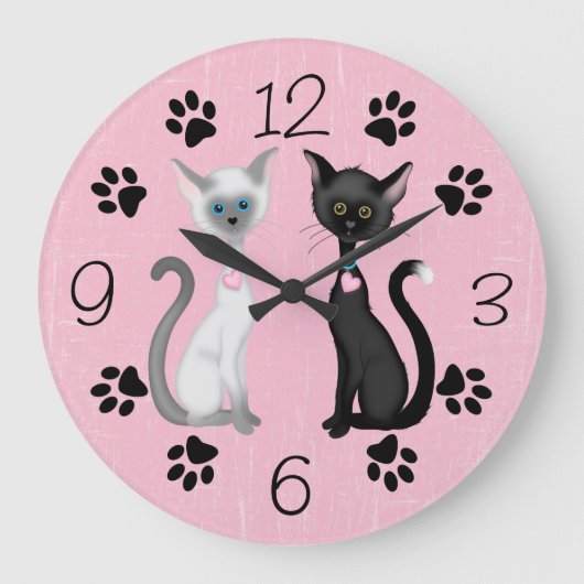 Cute Kitty Cats and Paw Prints ~ Black Pink White Große Wanduhr (Vorderseite)