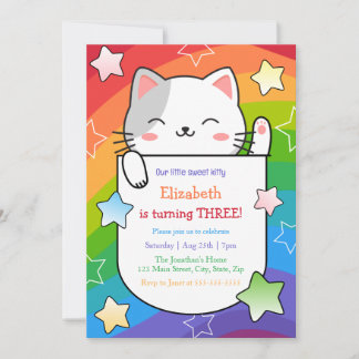 Cute Kitty Stars Colorful Wavy Stripes Birthday Einladung