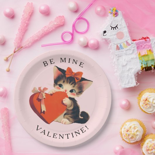 Cute Kitty Vintage Be Mine Valentine Pappteller (Party)