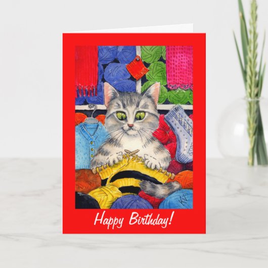 Cute knitting cat birthday or any occasion card karte (Vorderseite)