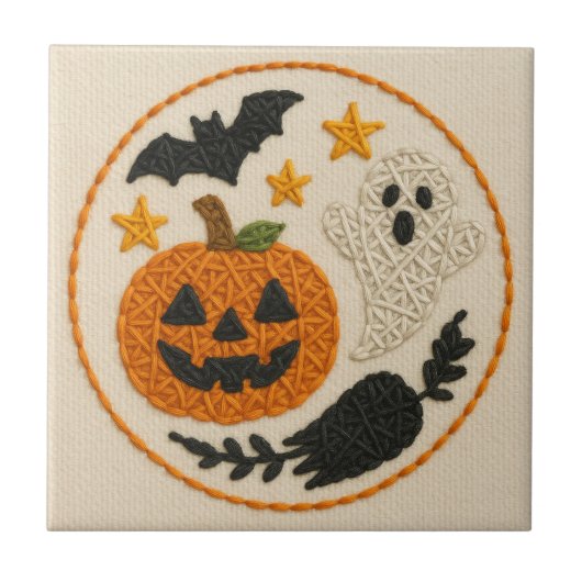 Cute Knitting Pumpkin Halloween Fliese (Vorderseite)