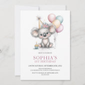 Cute Koala 1st Birthday Party Einladung (Vorderseite)