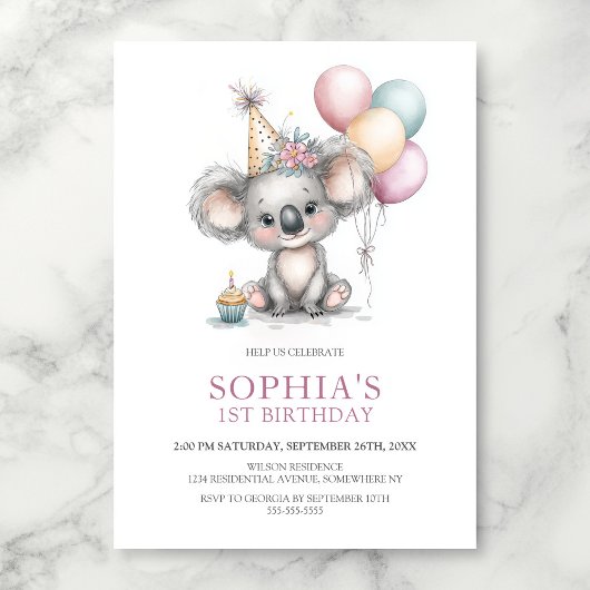 Cute Koala 1st Birthday Party Einladung