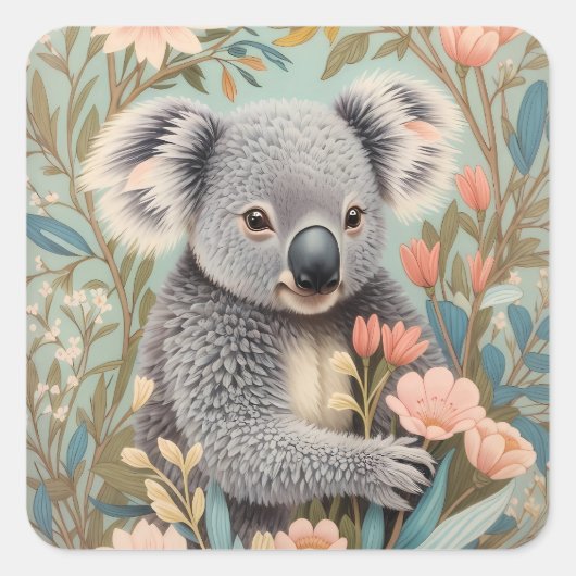 Cute Koala Elegant Pastel Floral Quadratischer Aufkleber (Vorderseite)