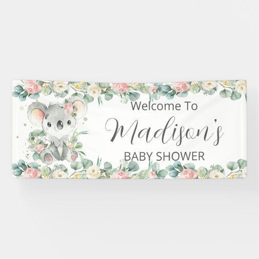 Cute Koala Pink Floral Greenery Welcome Backdrop Banner (Horizontal)