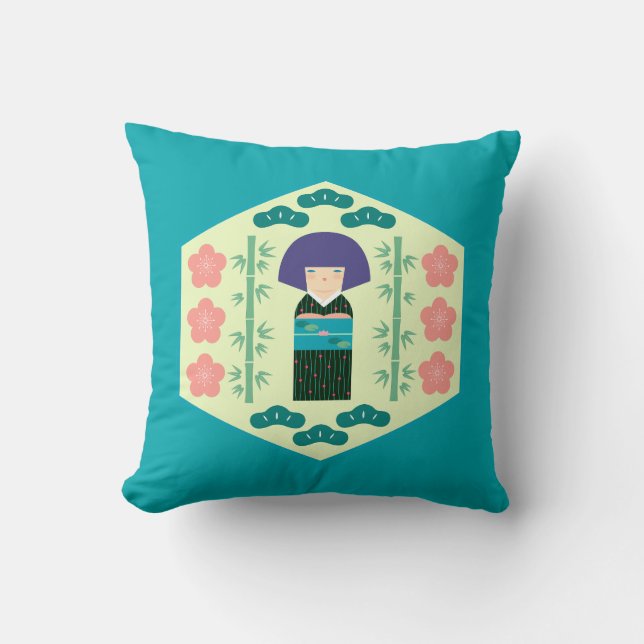 Cute Kokeshi Doll Hexagon Pattern Kissen (Vorderseite)