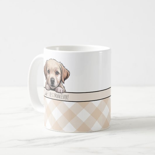 Cute Labrador Puppy Best Dog Mom Beige Gingham Kaffeetasse (Vorderseite Links)