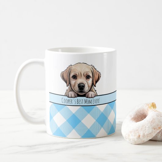 Cute Labrador Puppy Best Dog Mom Blue Gingham Kaffeetasse (Mit Donut)