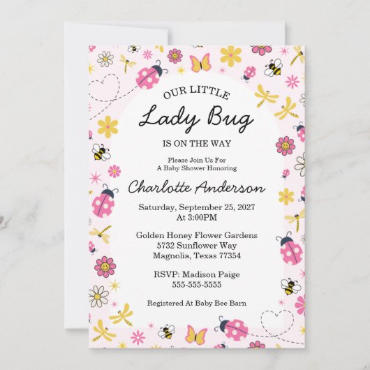 Cute Lady Bug Pink Girl Baby Shower Einladung (Vorderseite)