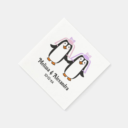 Cute Lady Penguins Wedding Couple Names Date #4 Serviette (Ecke)