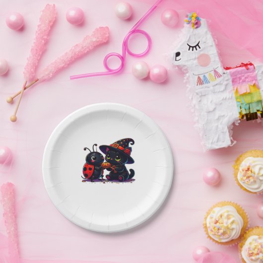Cute Ladybug and Black Cat Halloween Classic T-Shi Pappteller (Party)