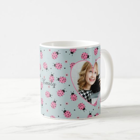 Cute Ladybug Pattern Custom Photo & Name - Blue  Kaffeetasse (VorderseiteRechts)