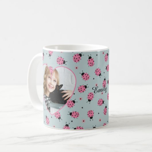 Cute Ladybug Pattern Custom Photo & Name - Blue  Kaffeetasse (Vorderseite Links)