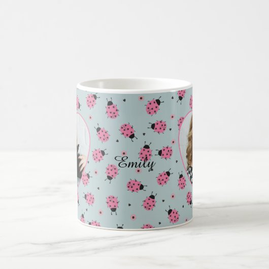 Cute Ladybug Pattern Custom Photo & Name - Blue  Kaffeetasse (Mittel)