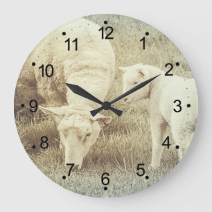 Cute Lamb and Mama Ewe Sheep Large Clock Große Wanduhr