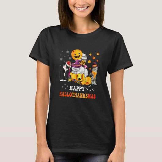 Cute Lazy Cat With Pumpkin Happy Hallowthanksmas T-Shirt (Vorderseite)