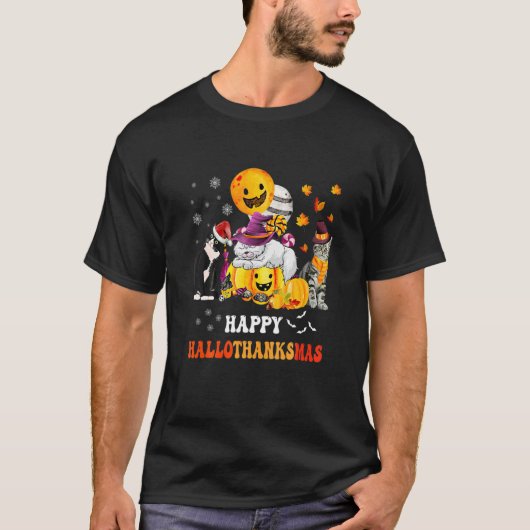 Cute Lazy Cat With Pumpkin Happy Hallowthanksmas T-Shirt (Vorderseite)