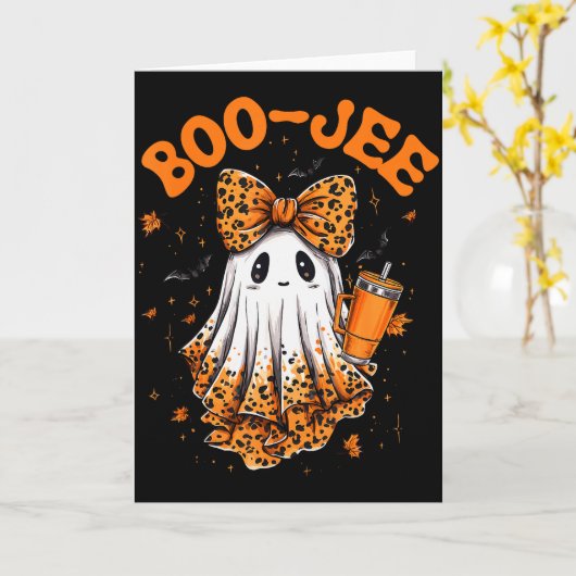 Cute Leopard Boo Jee Ghost Coffee Halloween Costum Karte (Gelbe Blume)