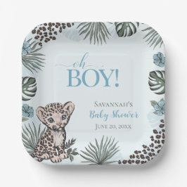 Cute Leopard Cub Blue Baby Shower Pappteller