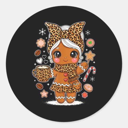 Cute Leopard Gingerbread Girl Coquette Bow Holiday Runder Aufkleber (Vorderseite)