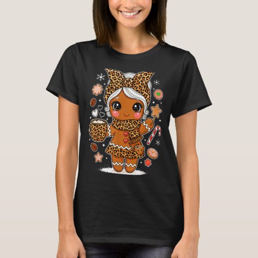 Cute Leopard Gingerbread Girl Coquette Bow Holiday T-Shirt (Vorderseite)