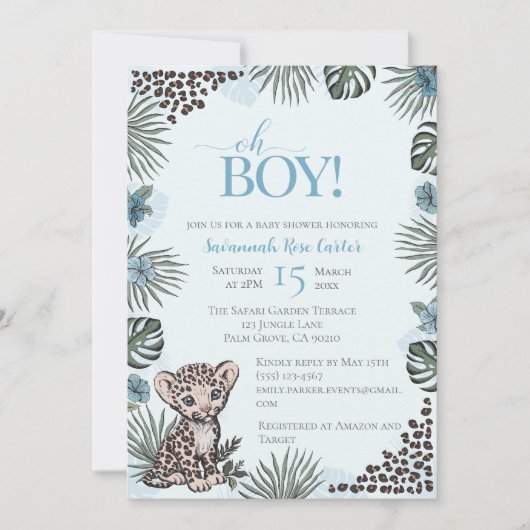 Cute Leopard Safari Boy Baby Shower Einladung (Vorderseite)